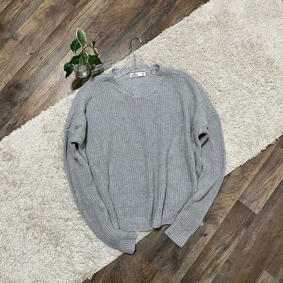 Hollister Oversized Versatile Gray Ribbed Knit Crewneck Pullover Casual Sweater - Picture 2 of 6